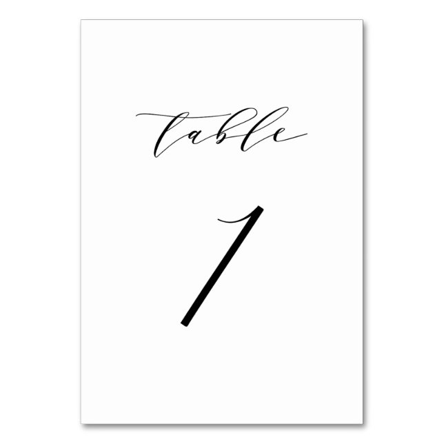Schwarze Minimalistische Script-Hochzeitkarte für  Tischnummer (Vorderseite)