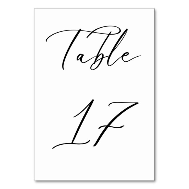 Schwarze Minimalistische Script-Hochzeitkarte für  Tischnummer (Rückseite)