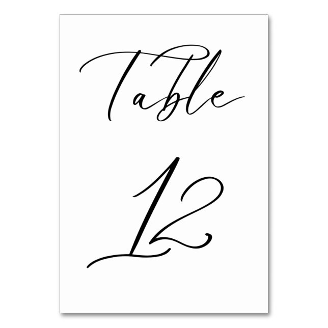Schwarze Minimalistische Script-Hochzeitkarte für  Tischnummer (Vorderseite)