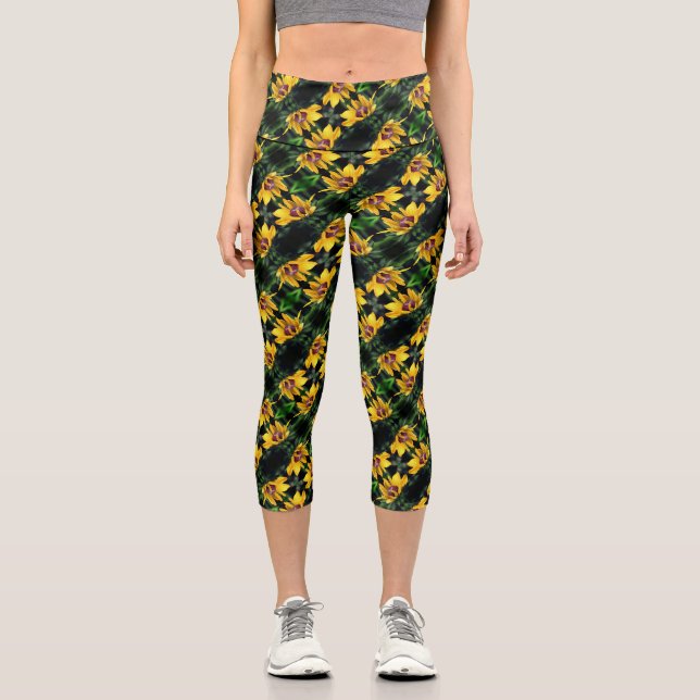 Schwarze Mit Augen Susan-Blume Entfaltungsmuster Capri Leggings (Vorderseite)