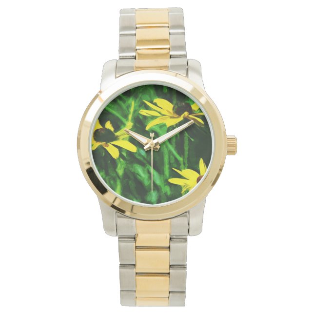 Schwarze Mit Augen Susan-Wildblumen Abstrakt Armbanduhr (Vorderseite)