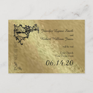 Schwarze mit Filigran geschmückte Maske auf Gold Save The Date