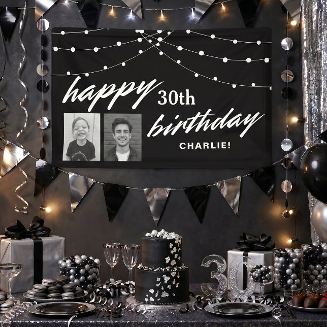 Schwarze moderne Foto 30. Geburtstagsfeier Banner (Banner shown in 3 by 5 feet. Personalize with pictures and name. Choose size.)