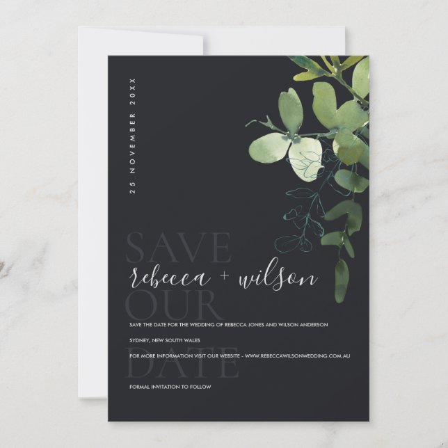 SCHWARZE MODERNE GRÜNE EUCALYPTUS FOLIAGE WATERCOL SAVE THE DATE (Vorderseite)