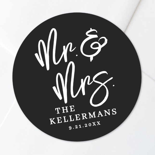 Schwarze moderne Hochzeit Runder Aufkleber (Black Modern Wedding Classic Round Sticker)
