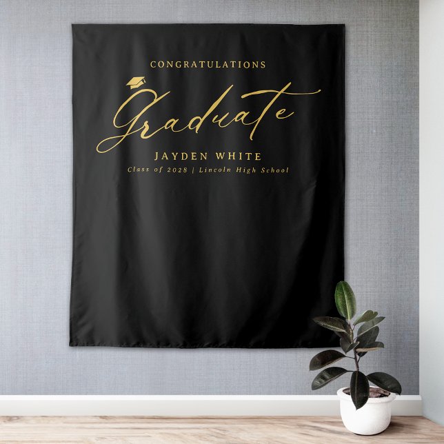 Schwarze moderne Kalligrafie-Abschlussfeier Wandteppich (Black Gold Modern Calligraphy Graduation Party Tapestry)