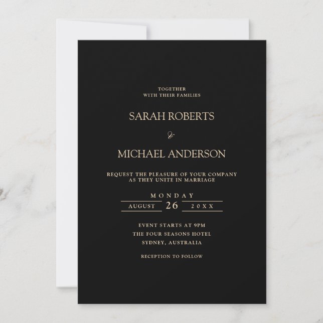 Schwarze Moderne Minimal einfache Gold Script Hoch Einladung (Vorderseite)