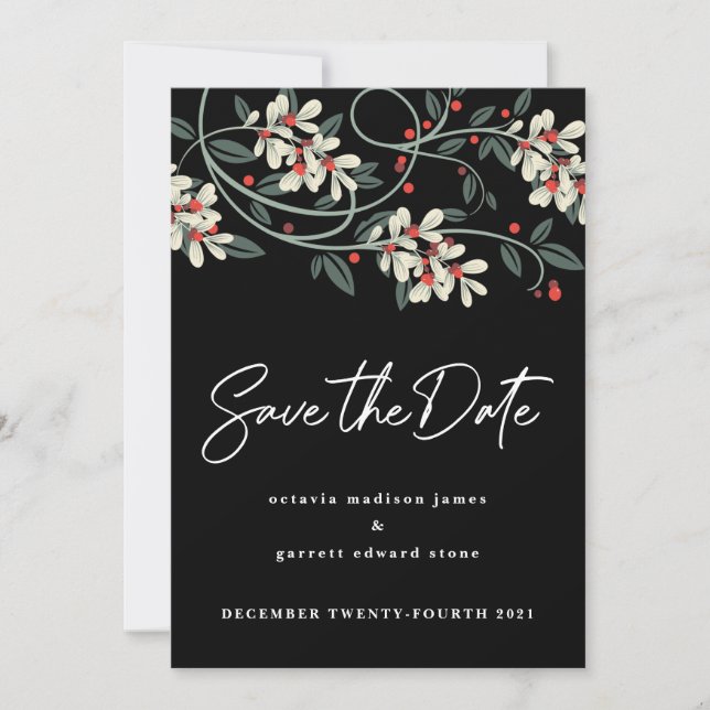Schwarze moderne Schrift weiße Blüten Winter Save The Date (Vorderseite)