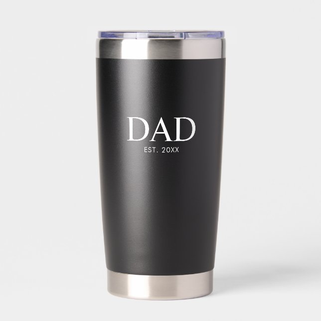 Schwarze moderne Typografie Dad gegründet Thermobecher (Vorderseite)