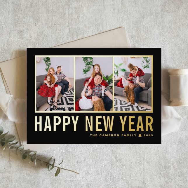 Schwarze moderne Typografie FotoCollage Neues Jahr (Send new year cheer with this customizable gold foil three-photo-collage Happy New Year Card. )