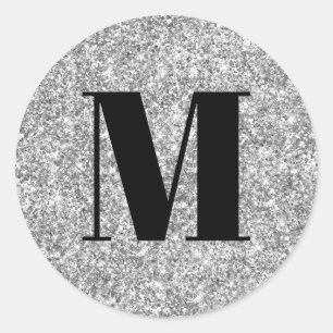 Schwarze Monogramm auf Imitaten Silver Glitzer Runder Aufkleber