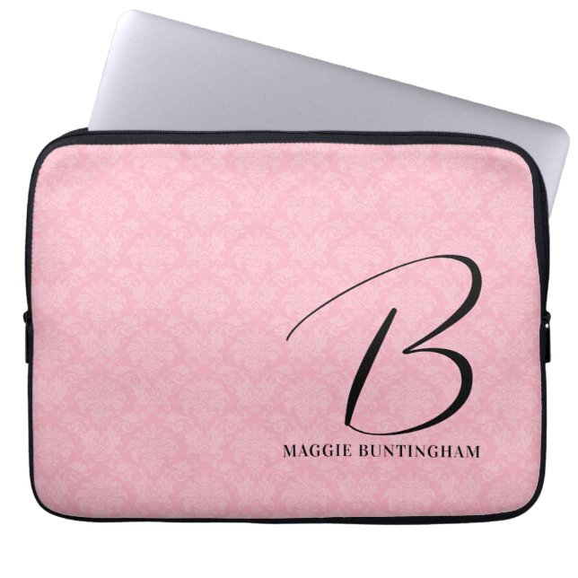 Schwarze Monogramm auf rosa Damaske Laptopschutzhülle (Vorderseite)