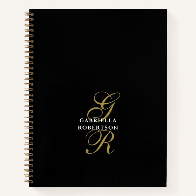 Schwarze Monogramm-Gold-Initialen Weiße Name Elega Notizbuch (Vorderseite)