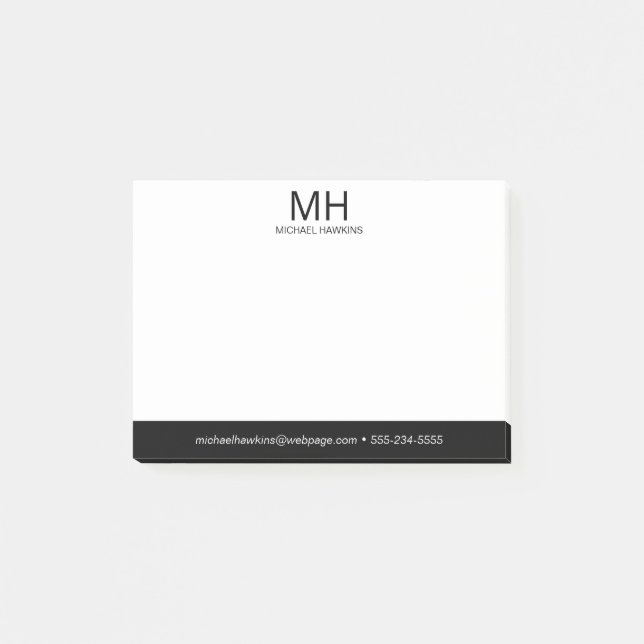 Schwarze Monogramm Herren Post-it Klebezettel (Vorderseite)
