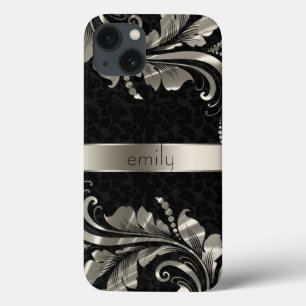 Schwarze Monotone Damaskus und silberne Wirbel iPhone 13 Hülle