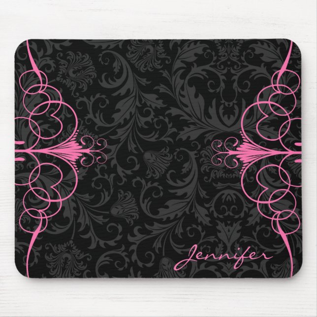 Schwarze Monotonen BlumenDamasken und rosa Rahmen Mousepad (Vorne)