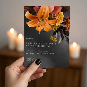 Schwarze Moody Gothic Orange Lilien Hochzeit Einladung
