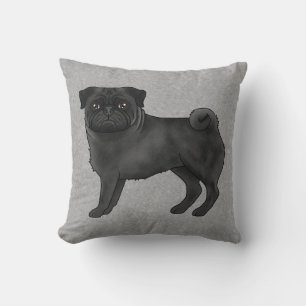 Schwarze Mops-Hund süße Cartoon-Illustration Grau Kissen