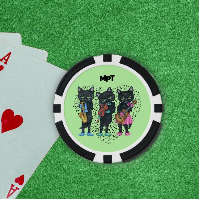 Schwarze Musical Katzen Herz der Notizen Light Gre Pokerchips (Cool black musical cat playing instruments on heart of music notes on light green poker chips.)
