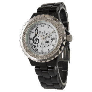 Schwarze musikalische Anmerkungen in der ovalen Armbanduhr