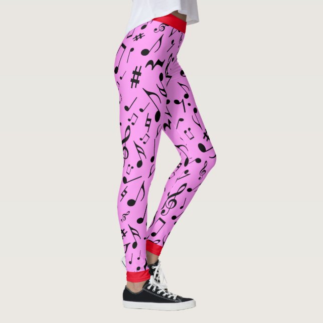 Schwarze Musiknoten auf Rosa (oder Ihre Münze) Leggings (Rechts)