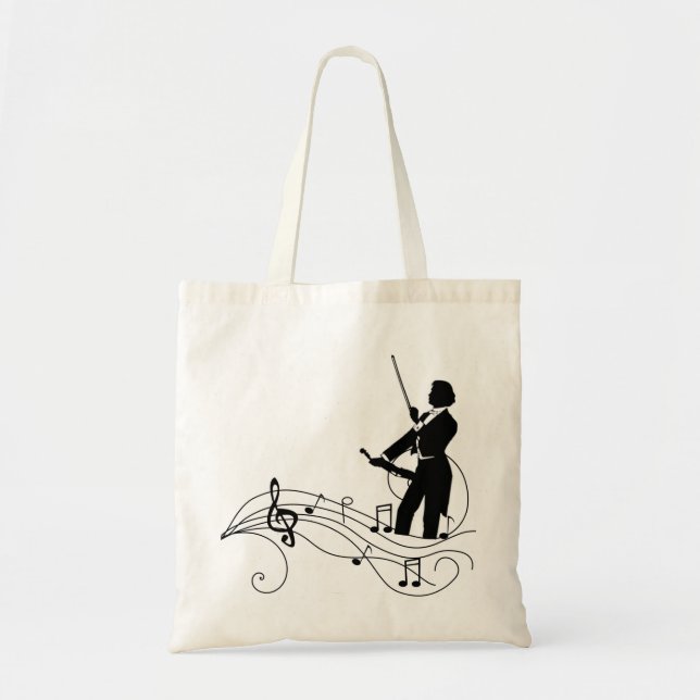 Schwarze Musiknoten und Violinist Tote Bag Tragetasche (Vorne)