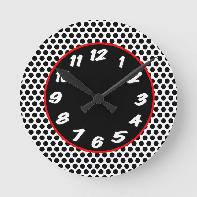 Schwarze N weiße Punkte mit rotem Akzent Retro Runde Wanduhr (Vorderseite)