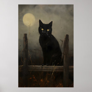 Schwarze Nachtkatze Vintage-Druck, Mondkatze auf e Poster