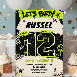Schwarze Neon-Grüne Grunge-Party zum 12. Geburtsta Einladung