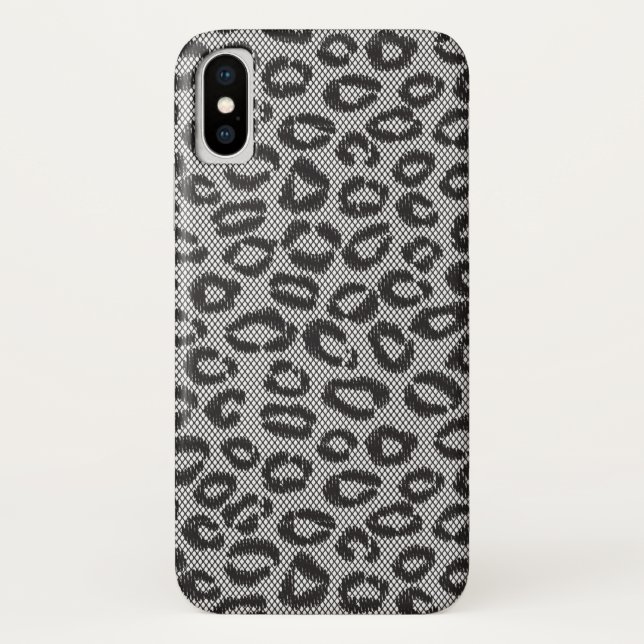 Schwarze Nettospitze mit Leopardmuster auf Weiß Case-Mate iPhone Hülle (Rückseite)