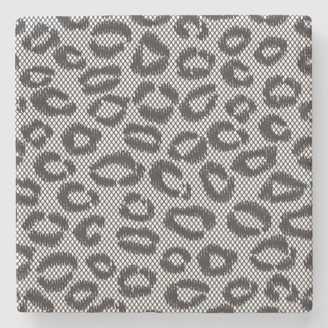 Schwarze Nettospitze mit Leopardmuster auf Weiß Steinuntersetzer (Vorderseite)