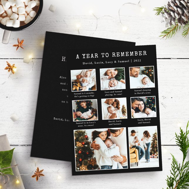 Schwarze Neujahrskarte-Foto Feiertagskarte (Black and White Holiday Year In Review Newsletter Photo Collage Card by Painted Paperie)