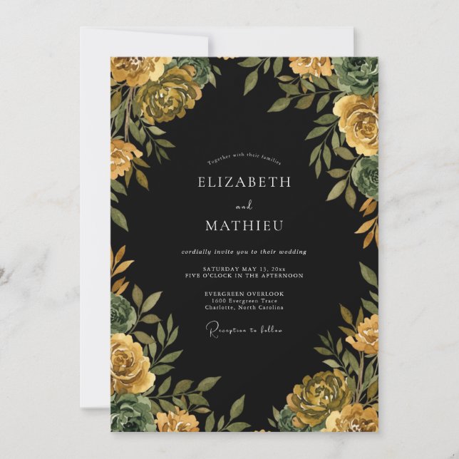 Schwarze Ocker-Ranunculus-Eukalyptus-Hochzeit Einladung (Vorderseite)