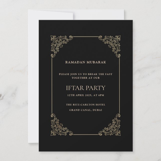 Schwarze opulente Barockrahmen-Schrift Iftar-Party Einladung (Vorderseite)