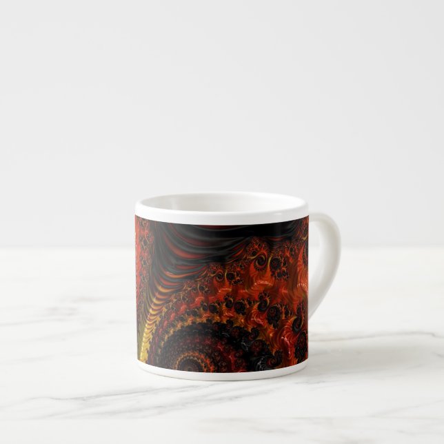 Schwarze, orange Fraktal-Kunstespresso-Tasse Espressotasse (Vorderseite Rechts)