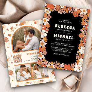 Schwarze Orange Groovy Retro Wildblumen Hochzeit Einladung