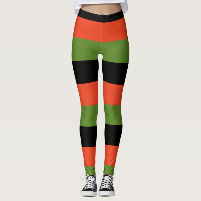 Schwarze Orange & Grüne Gestreifte Halloween Leggings (Vorderseite)