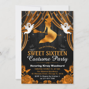Schwarze & Orange Hexe & Schimmer-Vorhänge Sweet 1 Einladung