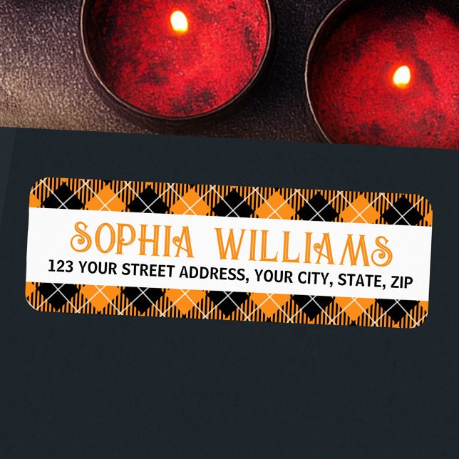 Schwarze orange karierte Halloween-Rücksendeadress (Black orange plaid Halloween return address Label)