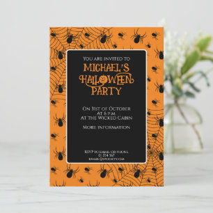 Schwarze orange Spinnen Halloween-Party Benutzerde Einladung
