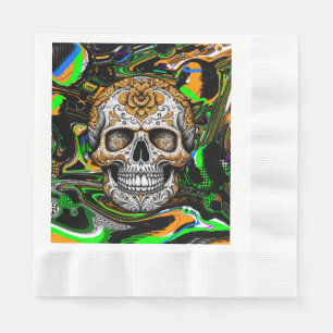 Schwarze Orange und Limettengrüne Zucker-Schädel-K Serviette