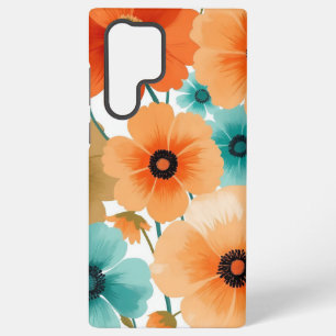 Schwarze, orange und türkisfarbene, florale Design Samsung Galaxy Hülle