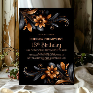 Schwarze orangefarbene Blumenparty zum 18. Geburts Einladung