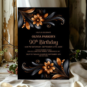 Schwarze orangefarbene Blumenparty zum 90. Geburts Einladung