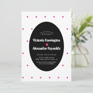 Schwarze ovale Hochzeitseinladung mit rosa Herzen Einladung