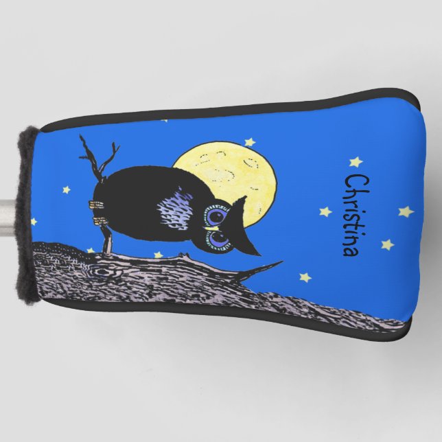 Schwarze Owl blaue Augen in Baummoon Sternen Golf Headcover (Vorderseite)