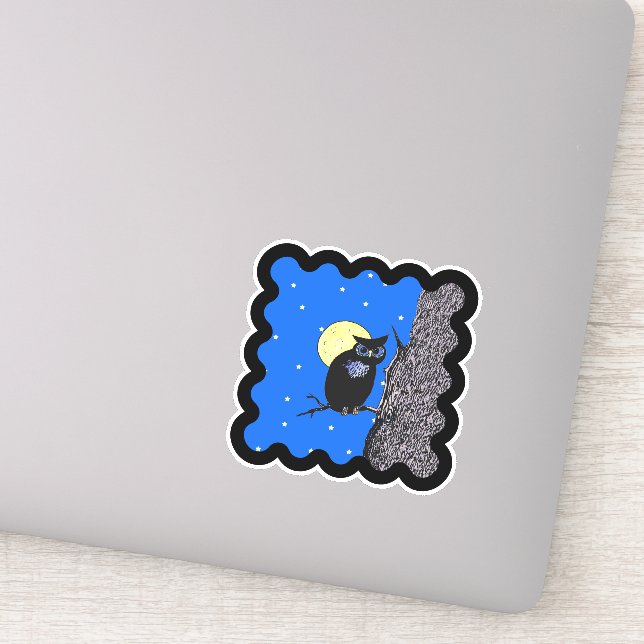 Schwarze Owl-Mond-Sterne sitzen in Baumwache-Grenz Aufkleber (Detail)