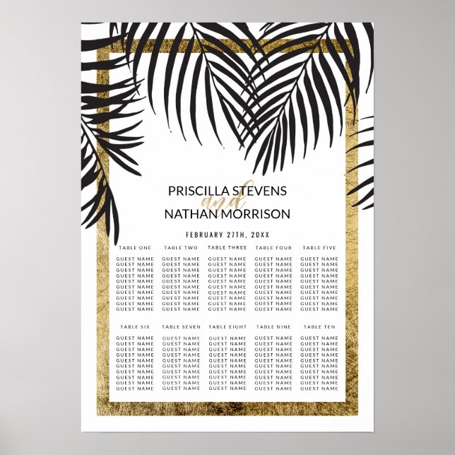 Schwarze Palme Fronds Gold Border Seating Chart Poster (Vorne)