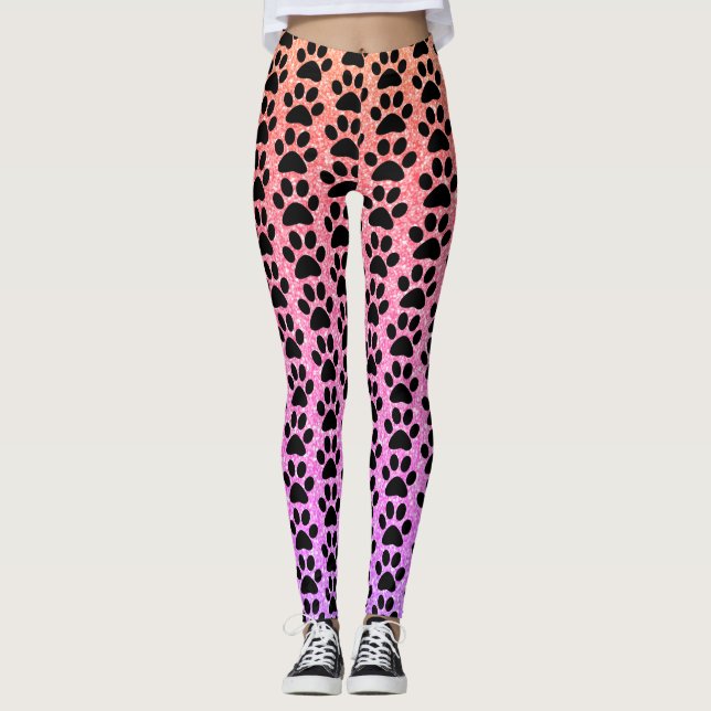 Schwarze Paw Drucke Rose Gold Pink Glittery Ombre Leggings (Vorderseite)