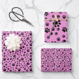 Schwarze Paw Prints auf Bubblegum Pink Geschenkpapier Set